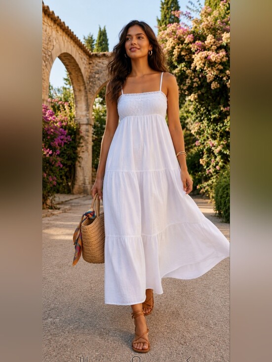 Zara Dresses & Skirts - ZARA White Tiered Lace Poplin Maxi Dress Smocked Size S